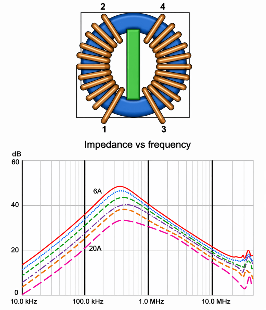 Example of a POWER LINE CHOKE with an effective range of 10Khz – 30Mhz